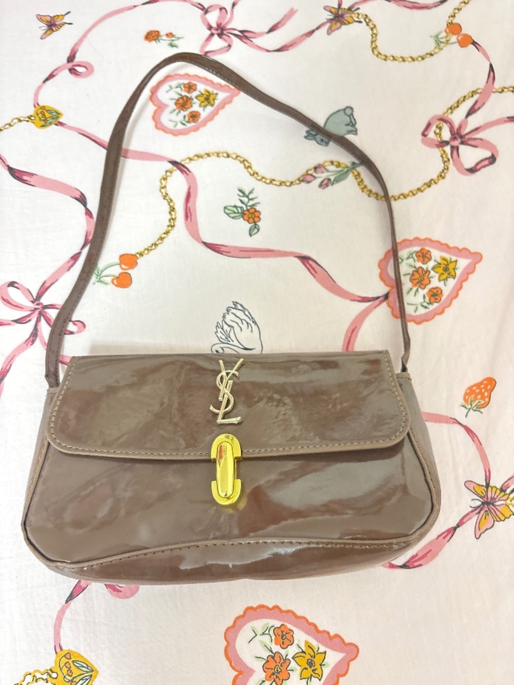 Brown Patent shoulder bag with YSL logo